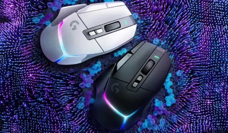 Two Logitech Wireless gaming mouse One white and another Black Mouse In a purple mesh background